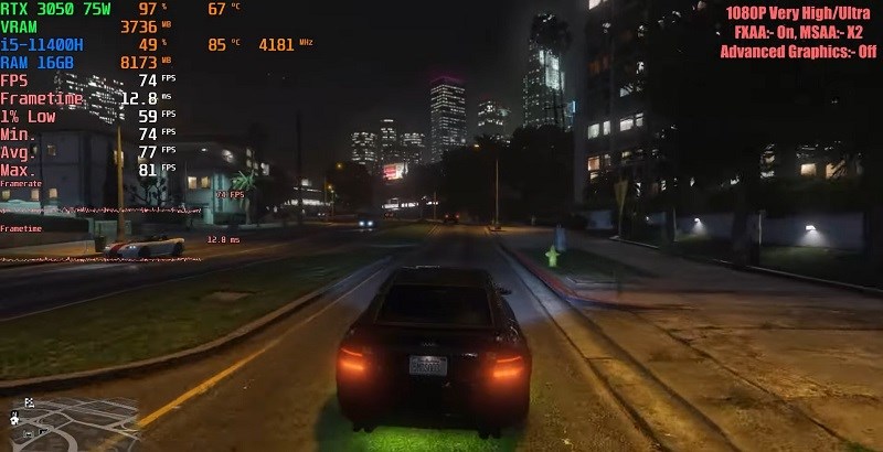 GTA V khi test với CPU i5 11400H và card đồ họa RTX 3050 GTA V khi test với CPU i5 11400H và card đồ họa RTX 3050