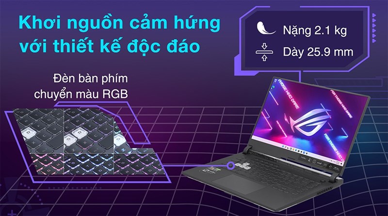 Asus Rog Strix G513R c&oacute; thiết kế gọn nhẹ, hiện đại.