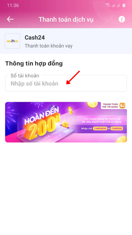Nhập số t&agrave;i khoản hợp đồng