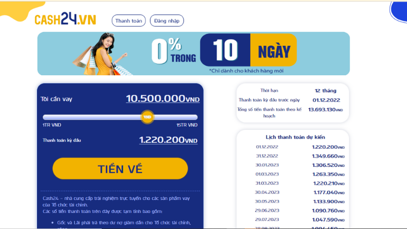 Giao diện của Cash24.vn