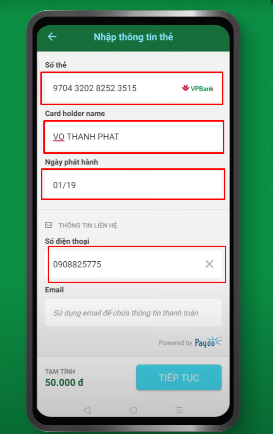 Nhập thông tin thẻ và số điện thoại