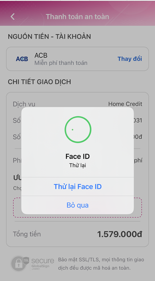 Xác nhận Face ID và hoàn thành