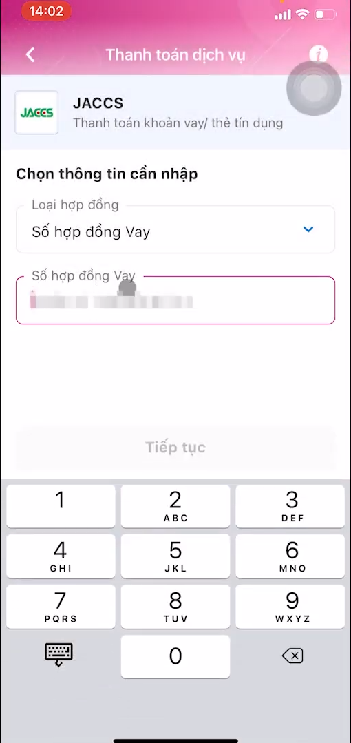 Chọn và nhập số hợp đồng vay