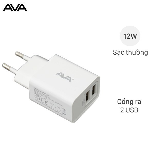 Adapter sạc 2 cổng USB 12W Dual AVA ACL168 Trắng