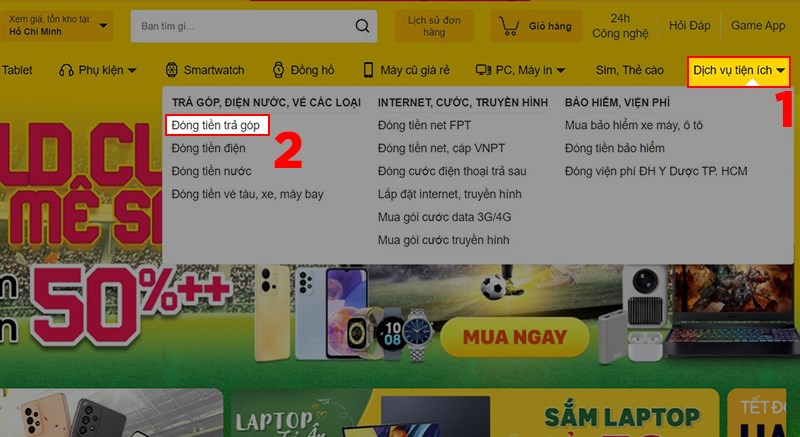 Chọn Đóng tiền trả góp trong mục Dịch vụ tiện ích Chọn Đóng tiền trả góp trong mục Dịch vụ tiện ích