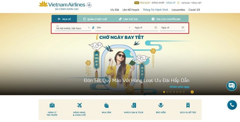 Truy cập website Vietnam Airlines