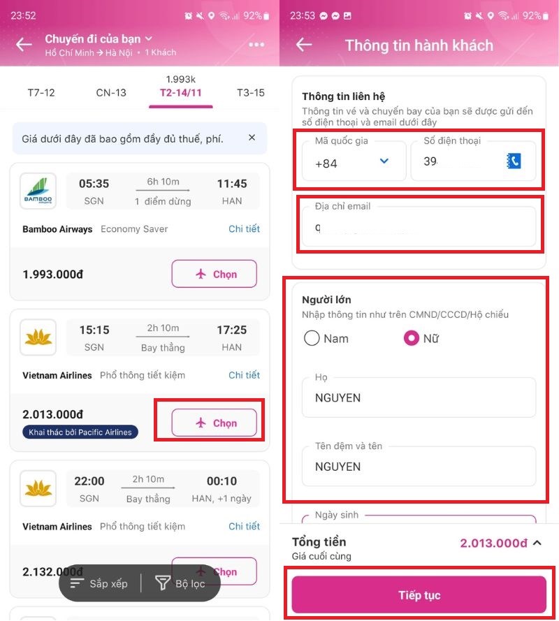 Chọn thời gian v&agrave; điền th&ocirc;ng tin c&aacute; nh&acirc;n