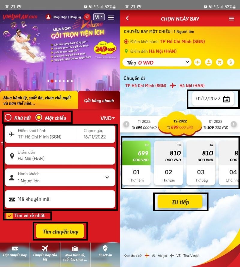 Tải ứng dụng Vietjet Air, chọn địa điểm và ngày bay