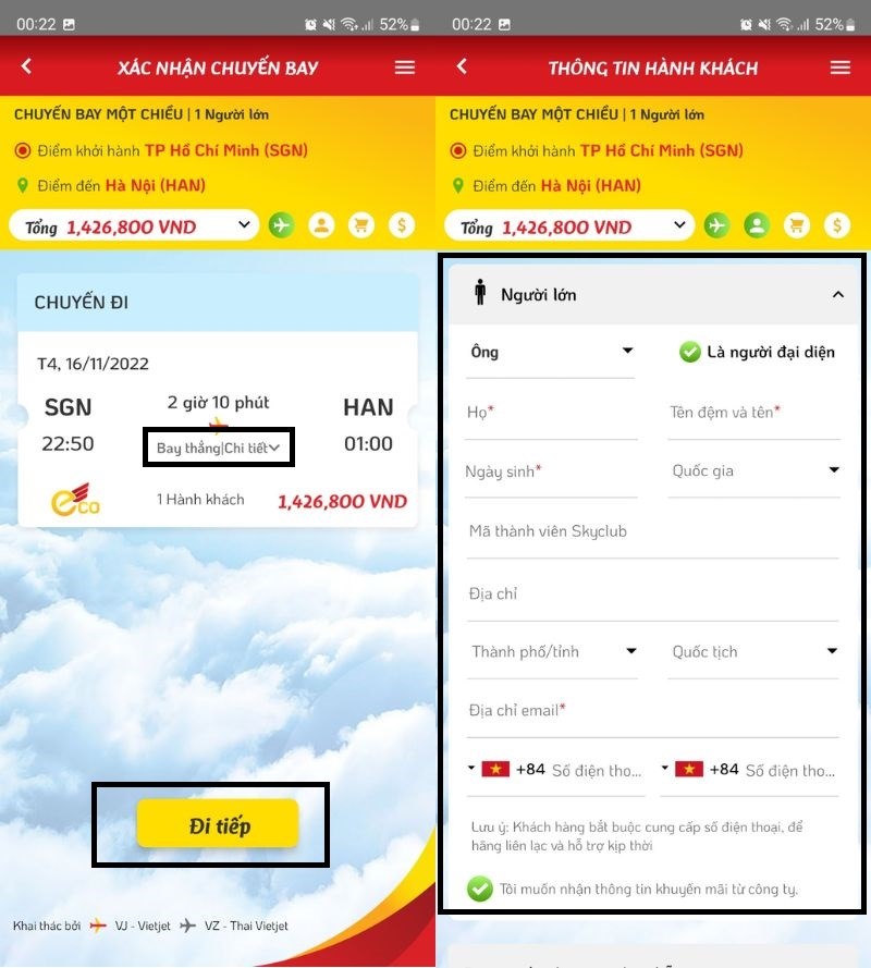 Kiểm tra lại th&ocirc;ng tin v&eacute; > Th&ecirc;m th&ocirc;ng tin c&aacute; nh&acirc;n