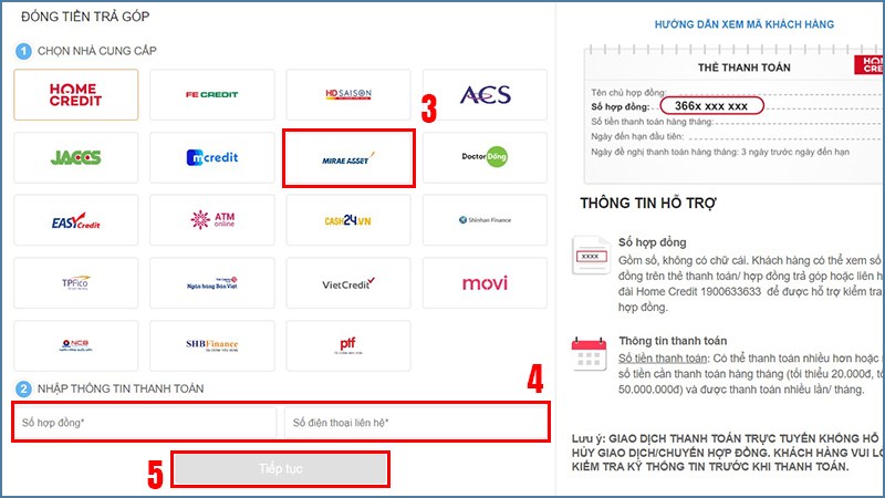 Chọn Mirae Asset và nhập Thông tin thanh toán