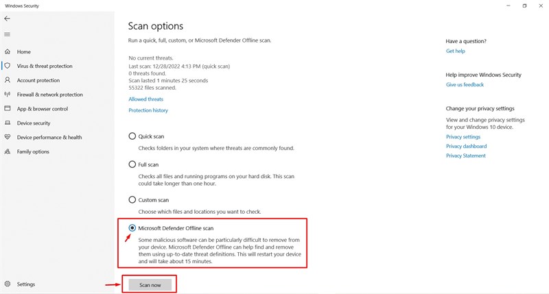 Chọn Microsoft Defender Offline Scan