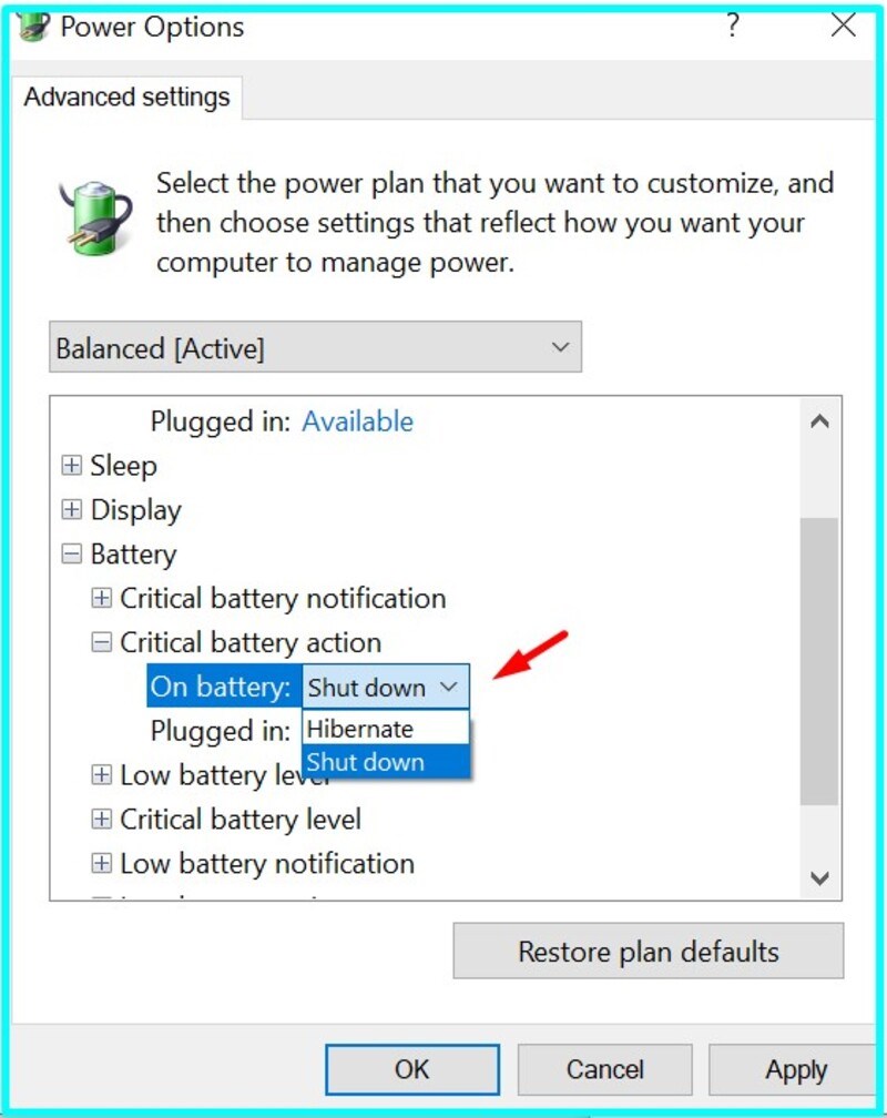Nhấp v&agrave;o On battery v&agrave; chọn Shut down
