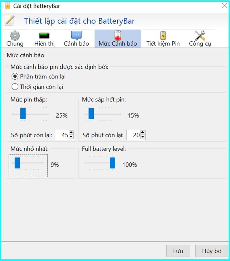 Thiết lập cho mức cảnh b&aacute;o