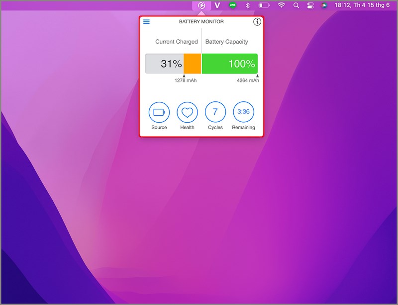 Th&ocirc;ng b&aacute;o sạc tr&ecirc;n thanh menu.