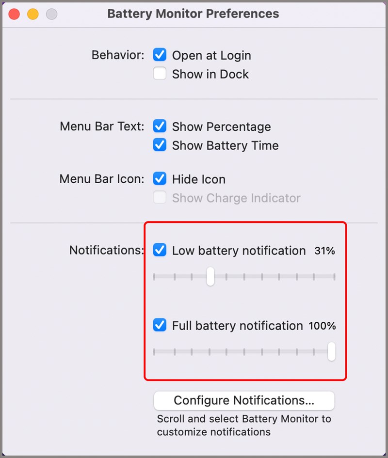 Phần Notifications với 2 thanh trượt