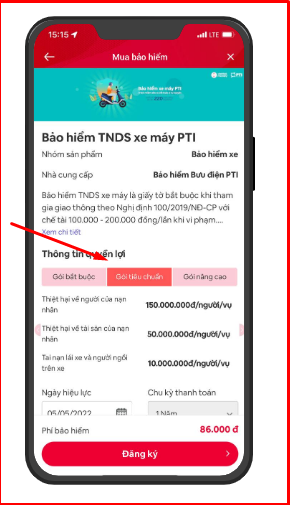 Chọn g&oacute;i bảo hiểm như bắt buộc, ti&ecirc;u chuẩn, n&acirc;ng cao,...