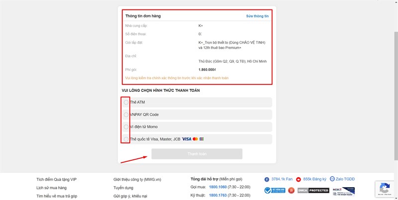 Kiểm tra lại thông tin và chọn hình thức thanh toán phù hợp