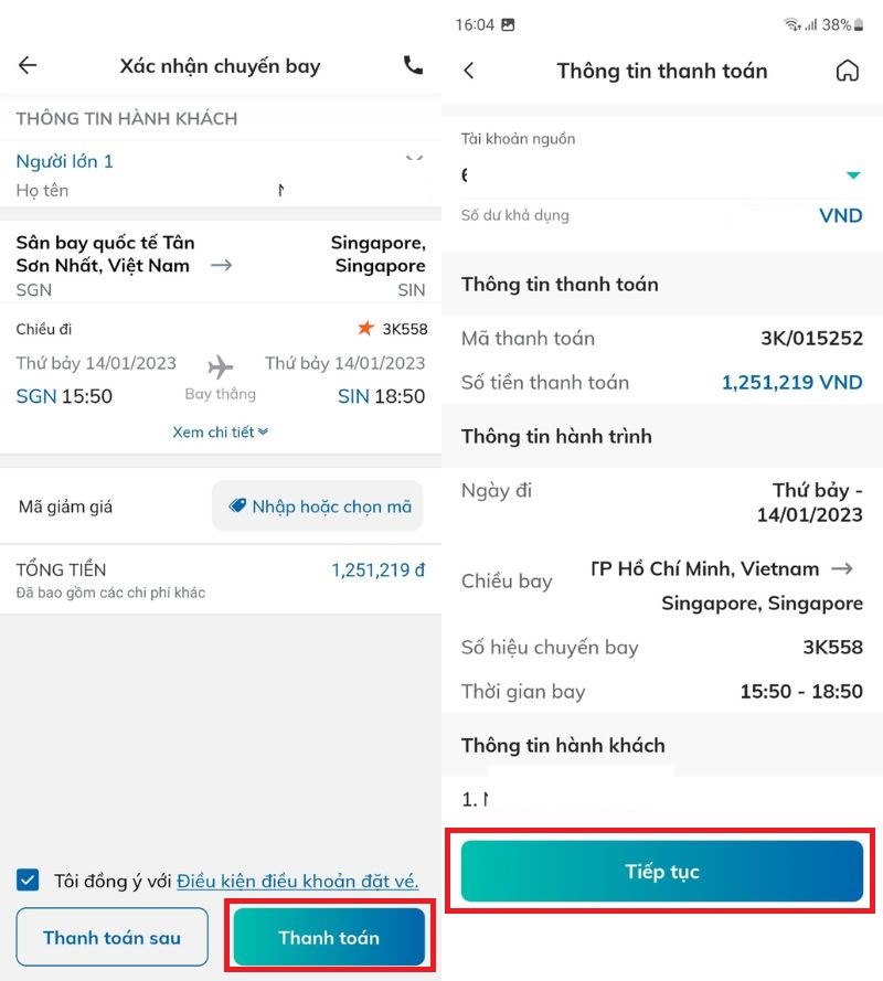 Tiếp tục chọn thanh toán
