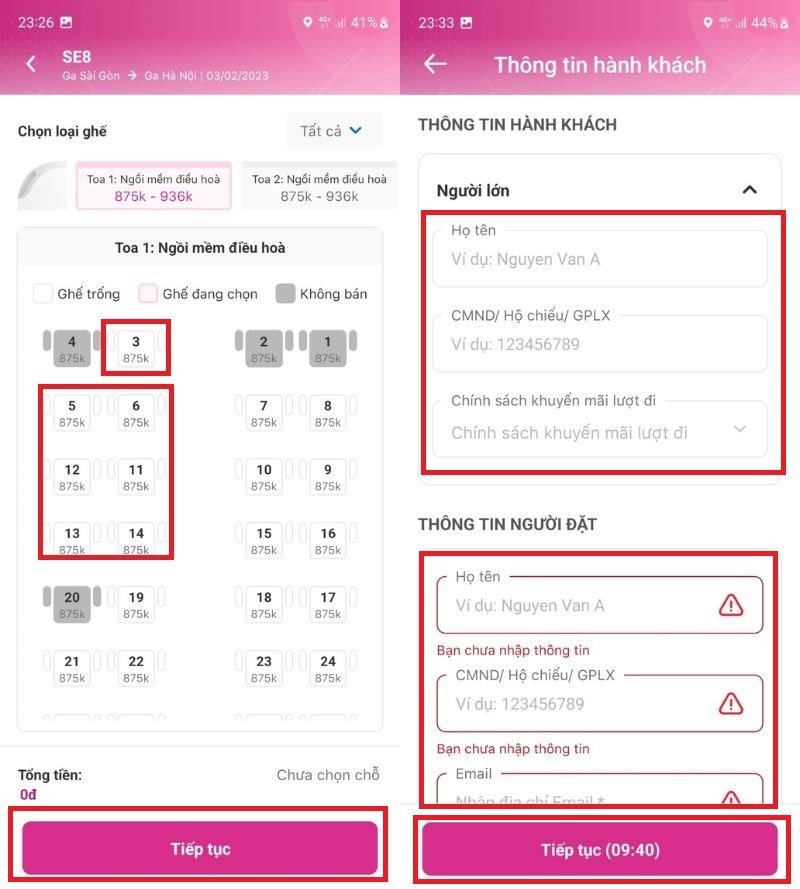 Chọn ghế và thêm thông tin cá nhân