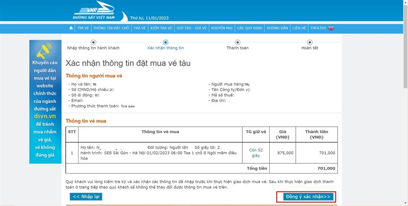 Kiểm tra lại thông tin cá nhân và thanh toán