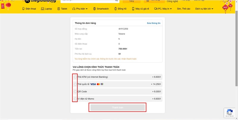 Chọn phương thức thanh toán và tiến hành thanh toán