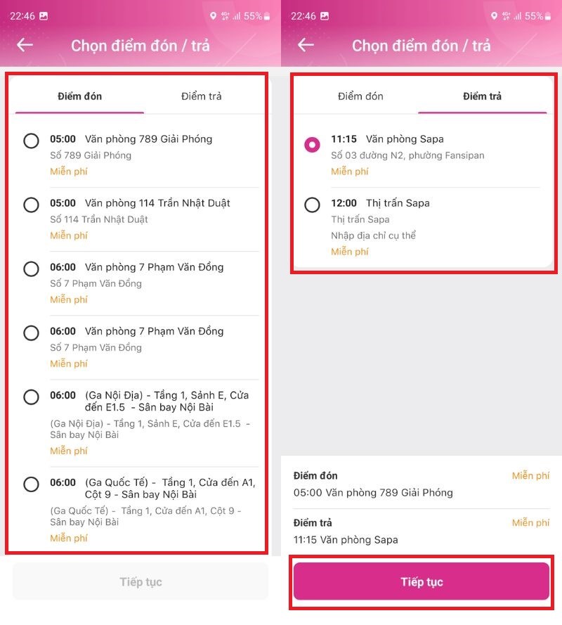Chọn điểm đón, điểm trả