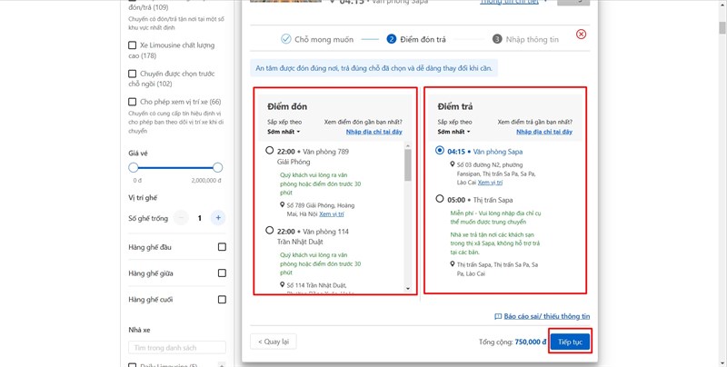 Chọn điểm đón, điểm đến
