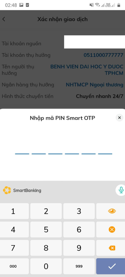 Nhập m&atilde; OTP hoặc mật khẩu SmartBanking