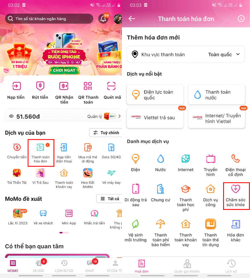 Chọn Chăm s&oacute;c sức khỏe trong mục Thanh to&aacute;n h&oacute;a đơn