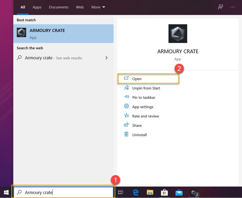 Vui l&ograve;ng g&otilde; Armoury Crate trong &ocirc; t&igrave;m kiếm Windows Search