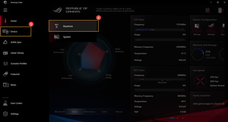 Trong Armoury Crate nhấp Device