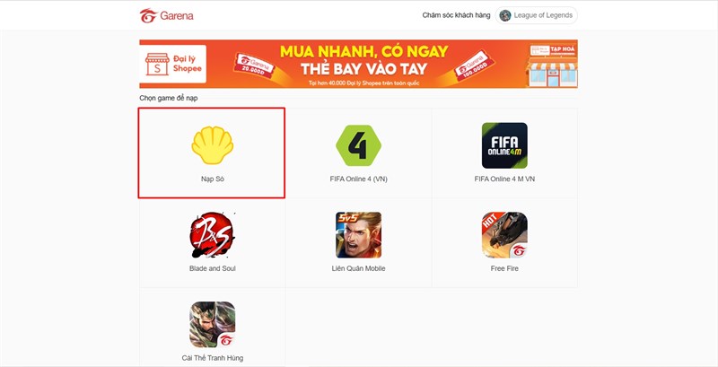 Đăng nhập vào trang Nạp Thẻ Garena và Chọn Nạp Sò