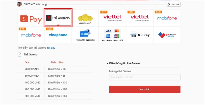 Chọn Thẻ Garena