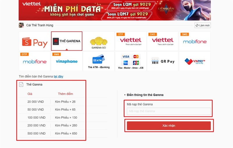Điền mã thẻ Garena
