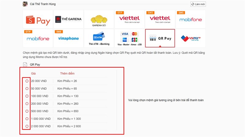 Chọn mệnh giá nạp