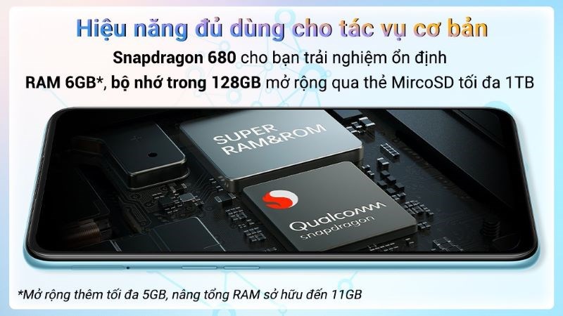 Hiệu năng ổn định với chip Snapdragon 680 Hiệu năng ổn định với chip Snapdragon 680