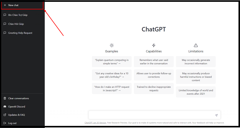 Nhấn chọn New chat để tiến hành trò chuyện với ChatGPT