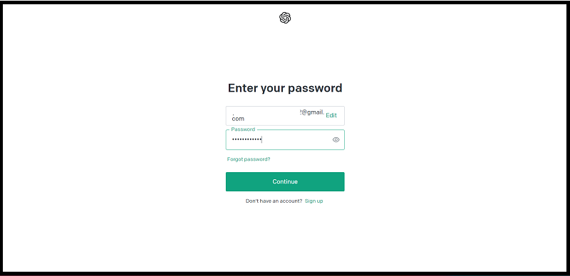 đăng ký chat gpt - Nhập mật khẩu để đăng nhập rồi chọn Continue