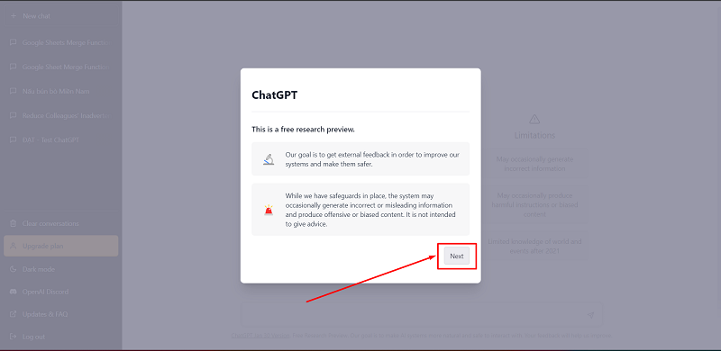 Bấm Next các bảng thông tin của ChatGPT