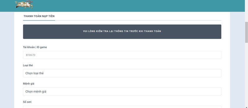 Điền thông tin thẻ nạp để thanh toán Điền thông tin thẻ nạp để thanh toán