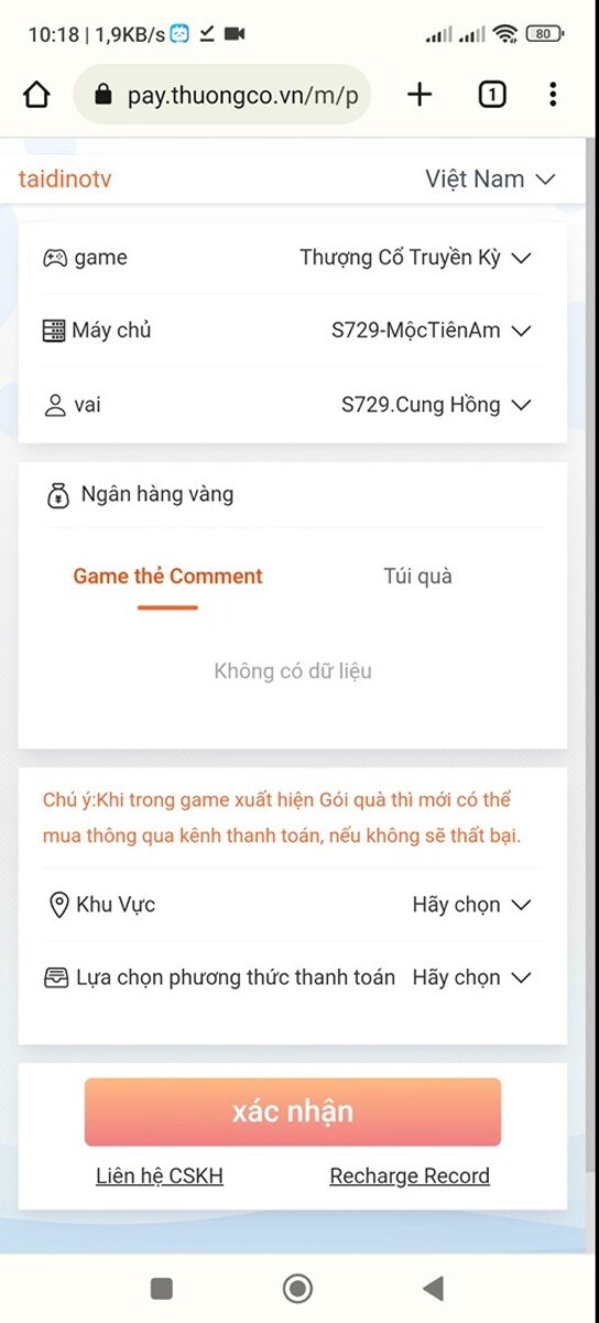 Bạn chọn game và máy chủ