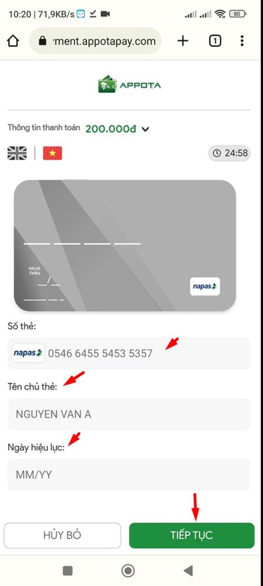 Điền thông tin thẻ nội địa và xác nhận thanh toán