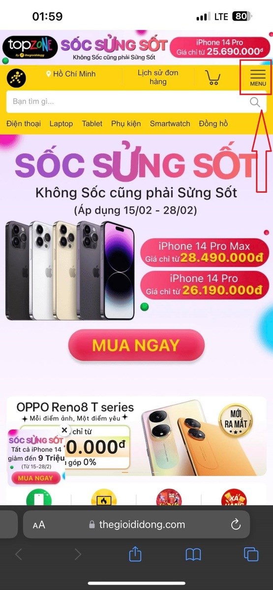 V&agrave;o trang thegioididong.com v&agrave; bấm v&agrave;o Menu tr&ecirc;n g&oacute;c phải m&agrave;n h&igrave;nh