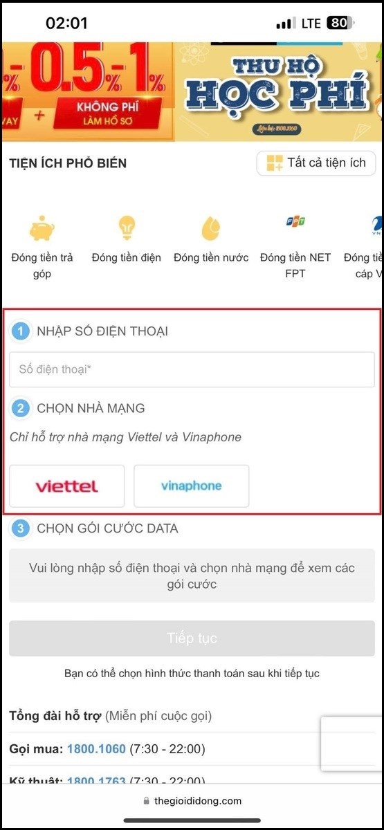 Nhập số điện thoại của nh&agrave; mạng Viettel