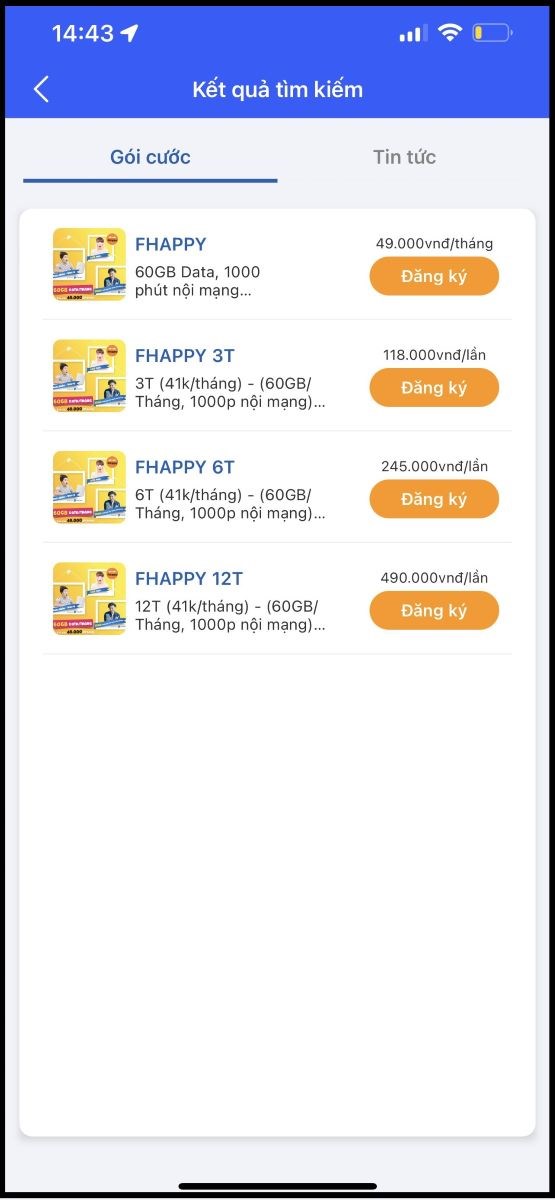 Chọn v&agrave;o g&oacute;i cước FHAPPY muốn sử dụng sau đ&oacute; nhấn v&agrave;o n&uacute;t Đăng k&yacute;