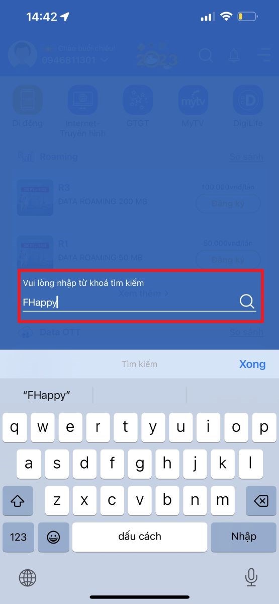 T&igrave;m kiếm g&oacute;i cước FHAPPY tại thanh t&igrave;m kiếm