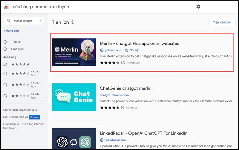 Chọn tiện ích Merlin ChatGPT Plus
