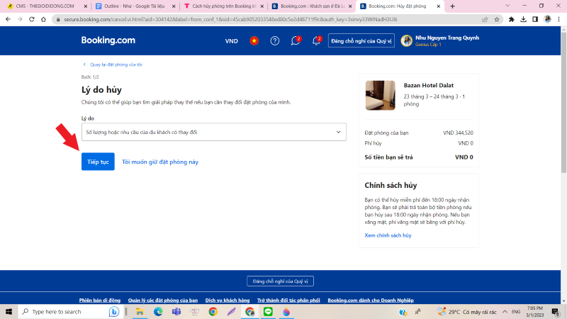  Chọn l&yacute; do bạn muốn hủy ph&ograve;ng