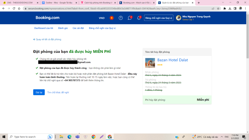  M&agrave;n h&igrave;nh hiện th&ocirc;ng tin hủy đặt ph&ograve;ng th&agrave;nh c&ocirc;ng