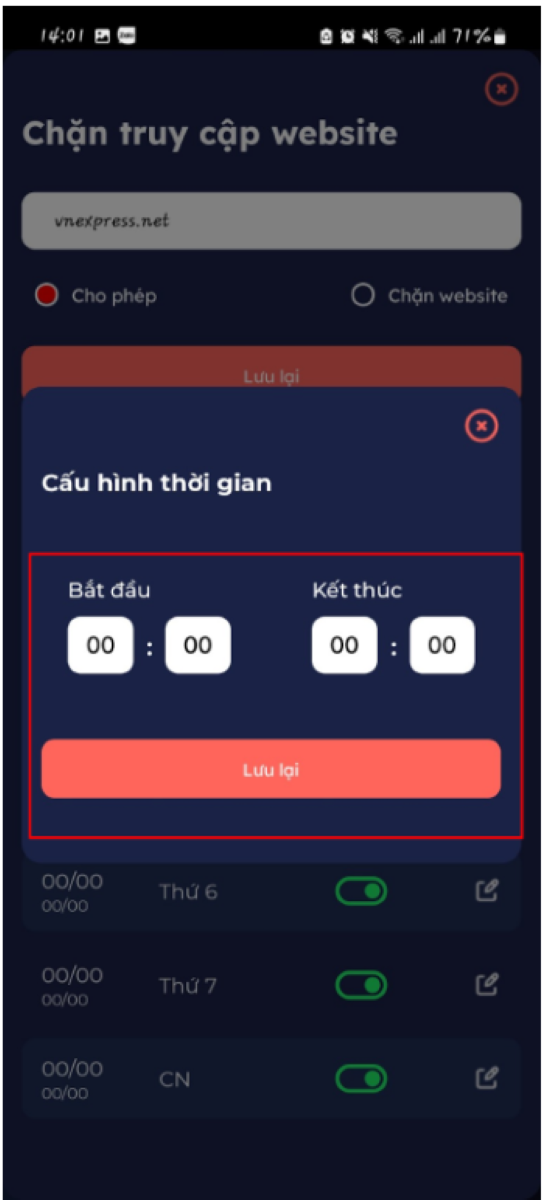 Cấu h&igrave;nh thời gian hiện ra để bạn chỉnh thời gian 